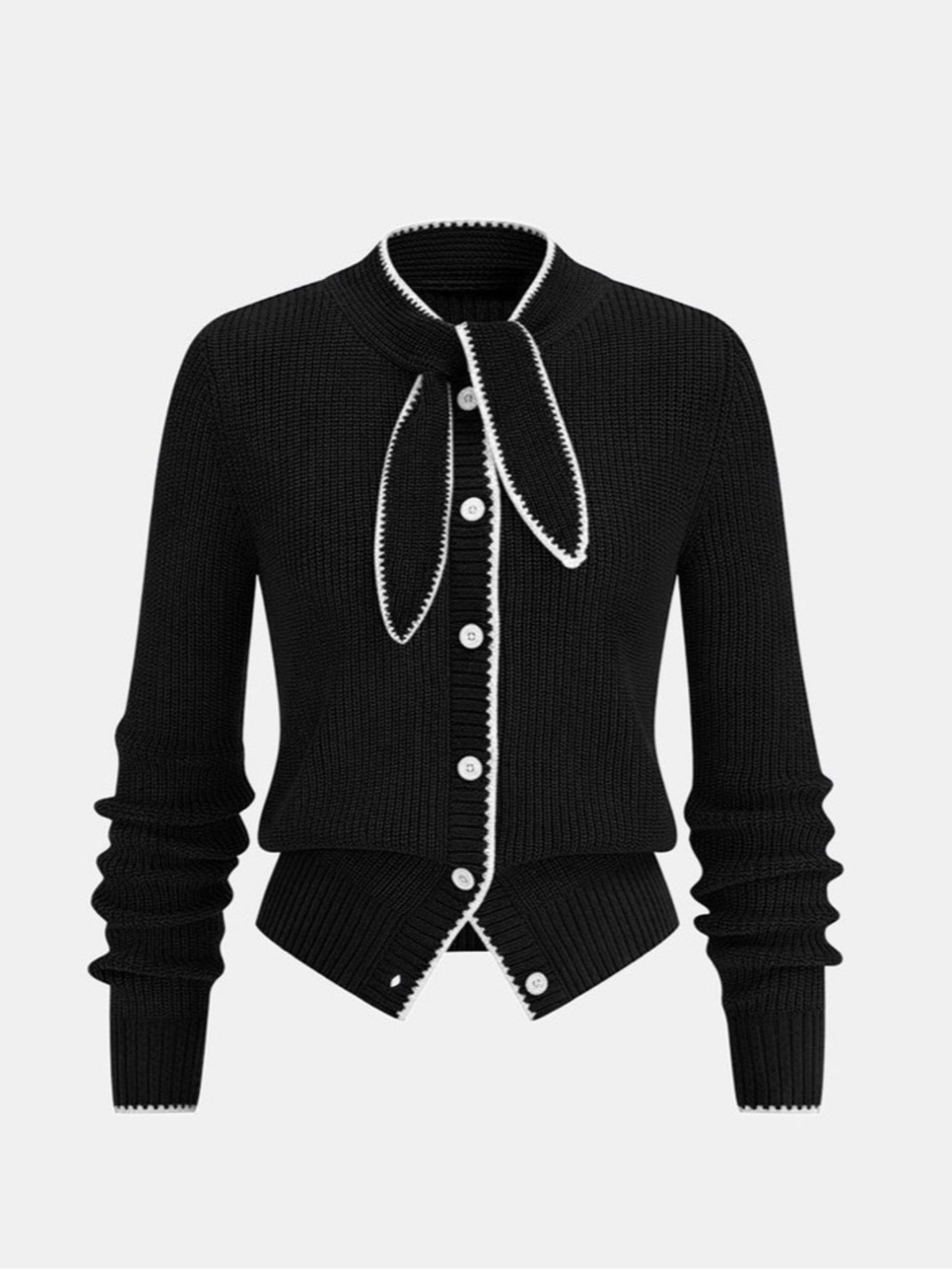 COMMENSE Tie Neck Contrast Trim Wool Blend Black Knit Cardigan Preppy Modern L